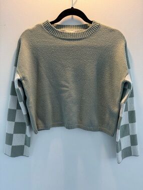 Sincerely Jules Sage Green Crewneck with Checkerboard Sleeves